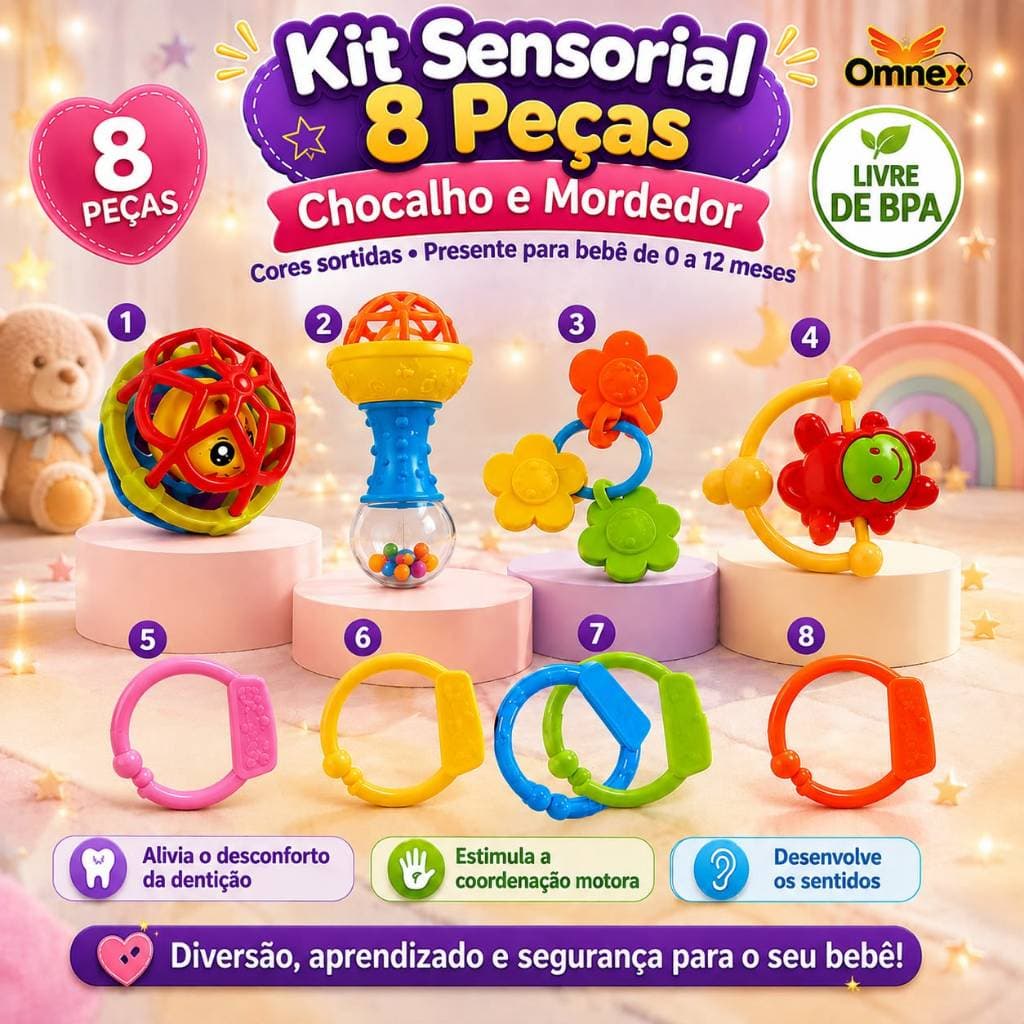 Kit Brinquedo Bebe Chocalho Mordedor Silicone Macio Bola Colorida 8 Peça Móbile para Berço