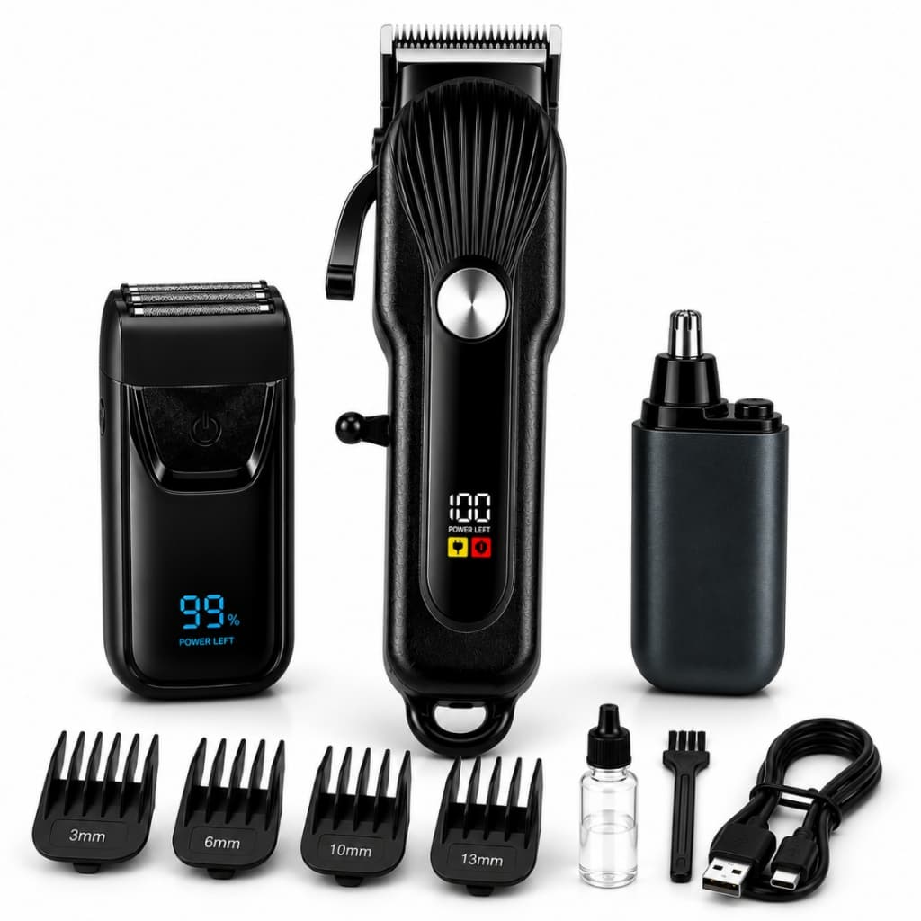 Kit Máquina de Cortar Cabelo Profissional + Shaver Barbeador Elétrico + Aparador de Nariz e Orelha Recarregável USB LED