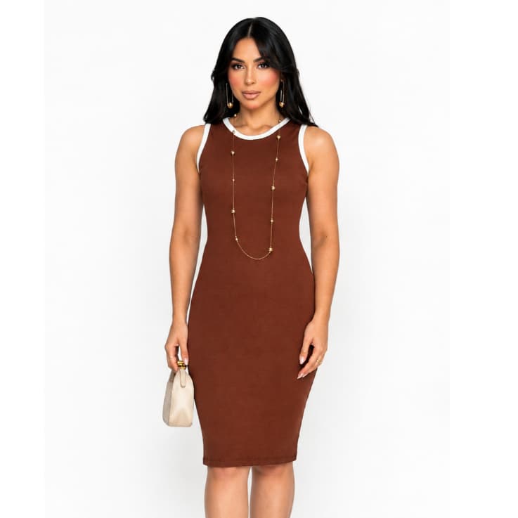 Vestido Feminino Midi Canelado Regata Justo Algodão com Elastano