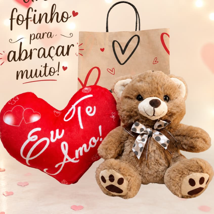 Presente Urso/Bichinho e Coração de Pelúcia - Aniversário/Namorados/Pai/Mãe/Amiga - Kit/Cesta