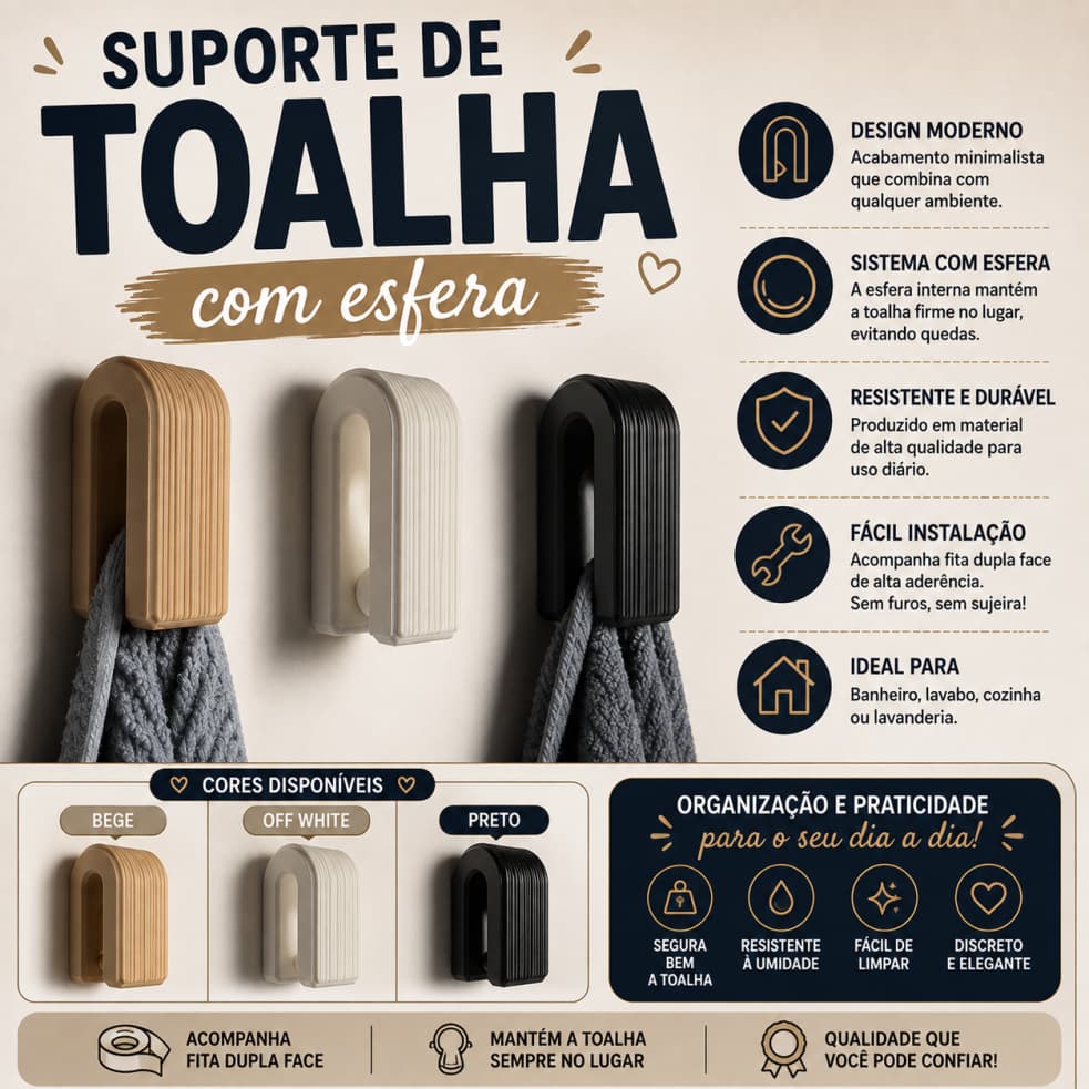 Suporte de Toalha com Esfera 3D Porta Toalha sem Furar para Banheiro Cozinha Lavabo