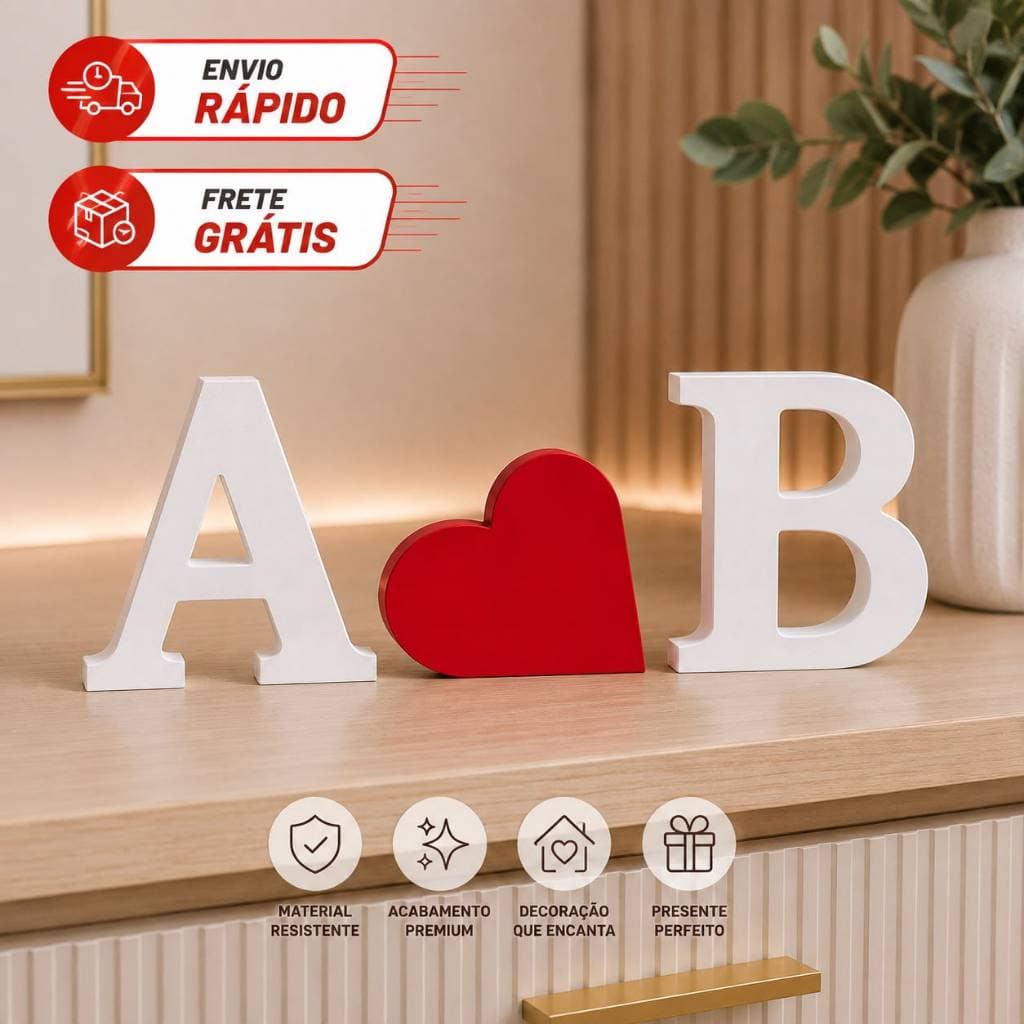 Kit Letras Iniciais + Coração Personalizado - Presente - Decoração para Casa, Quarto, Sala e Escritório