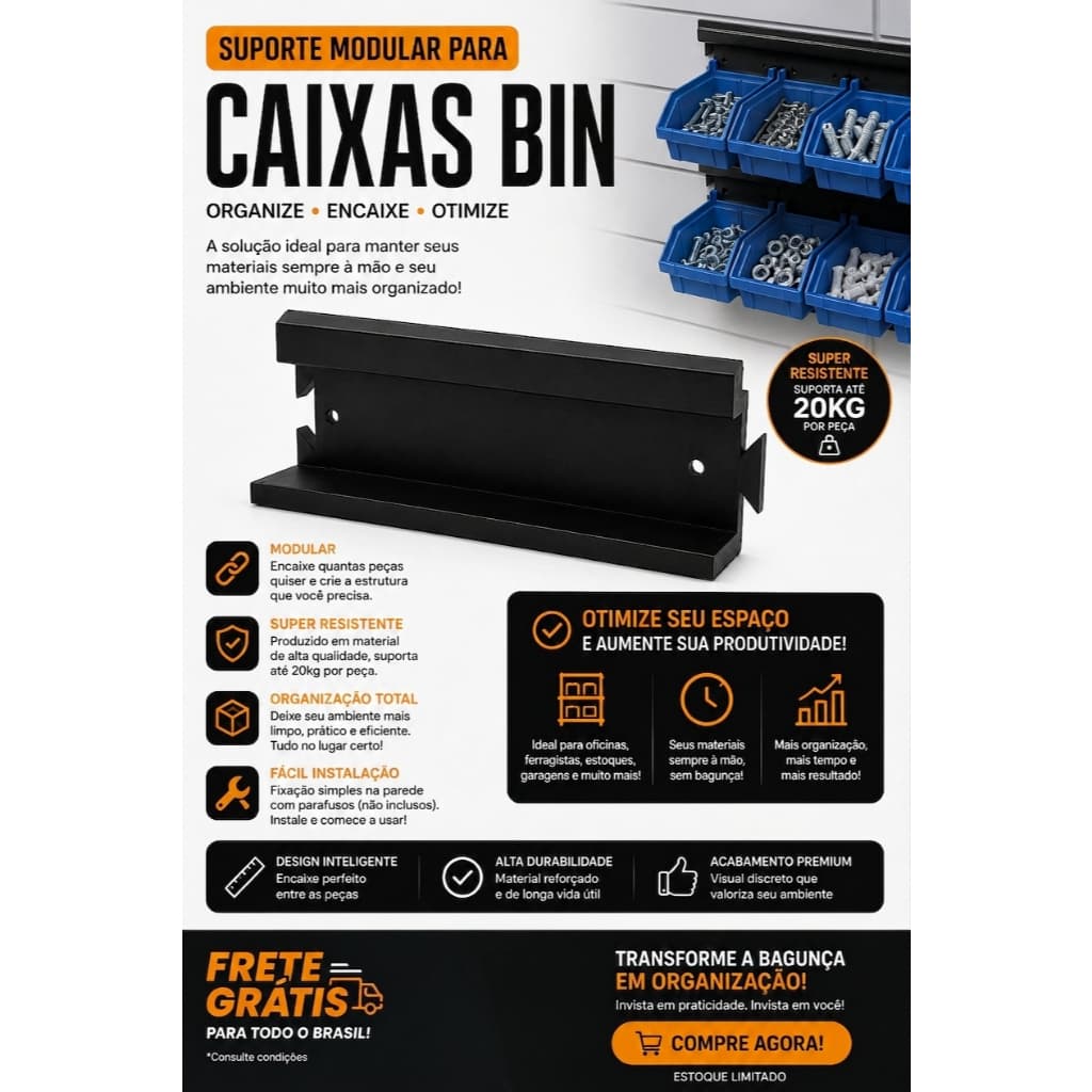 Suporte Trilho Modular de Parede Organizador Para Caixa Bin Gaveteiro Ferramentas Parafusos Peças Oficina Estoque