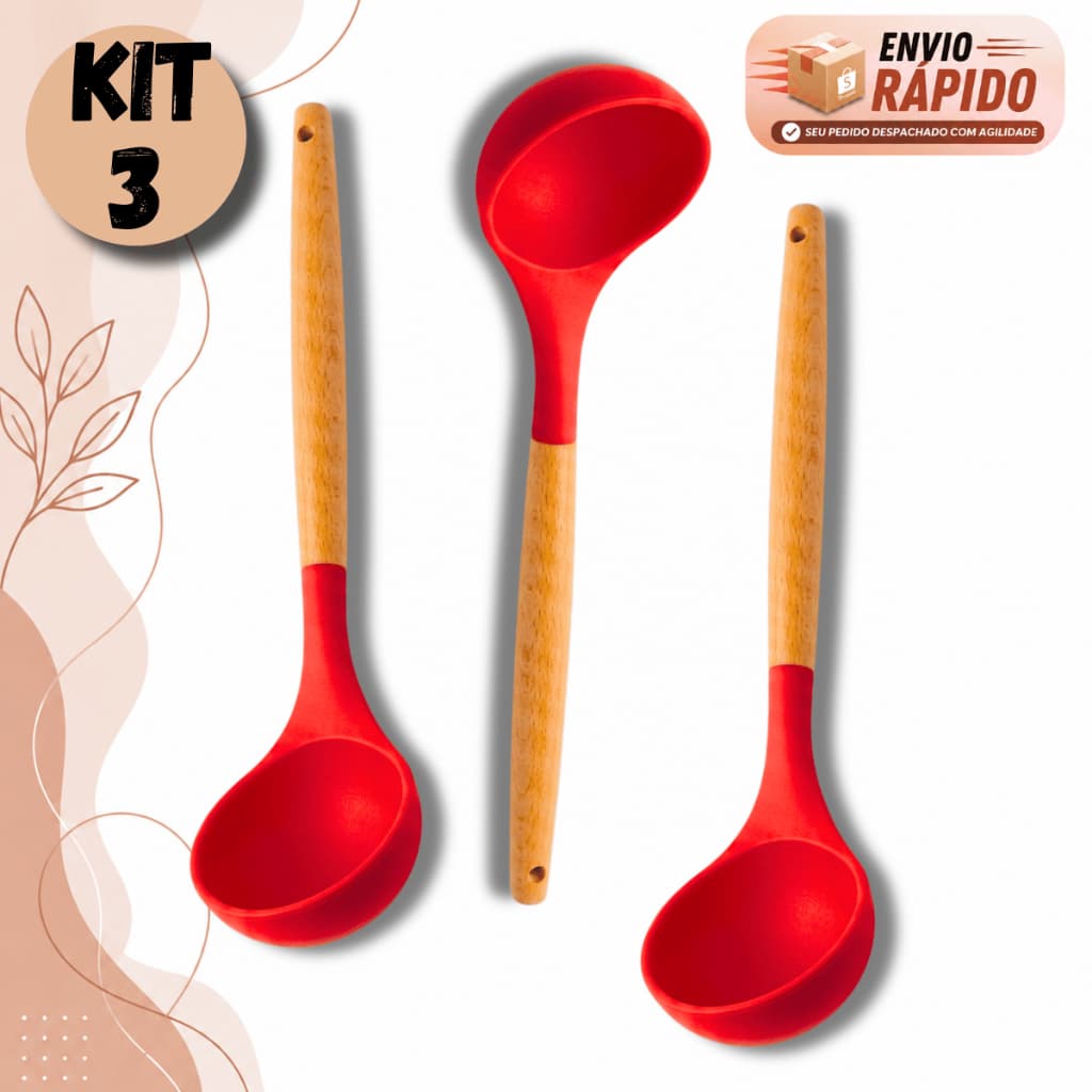 Kit Concha Utensílio De Cozinha Silicone E Madeira Servir Sopa Molho Feijão Resistente 31cm
