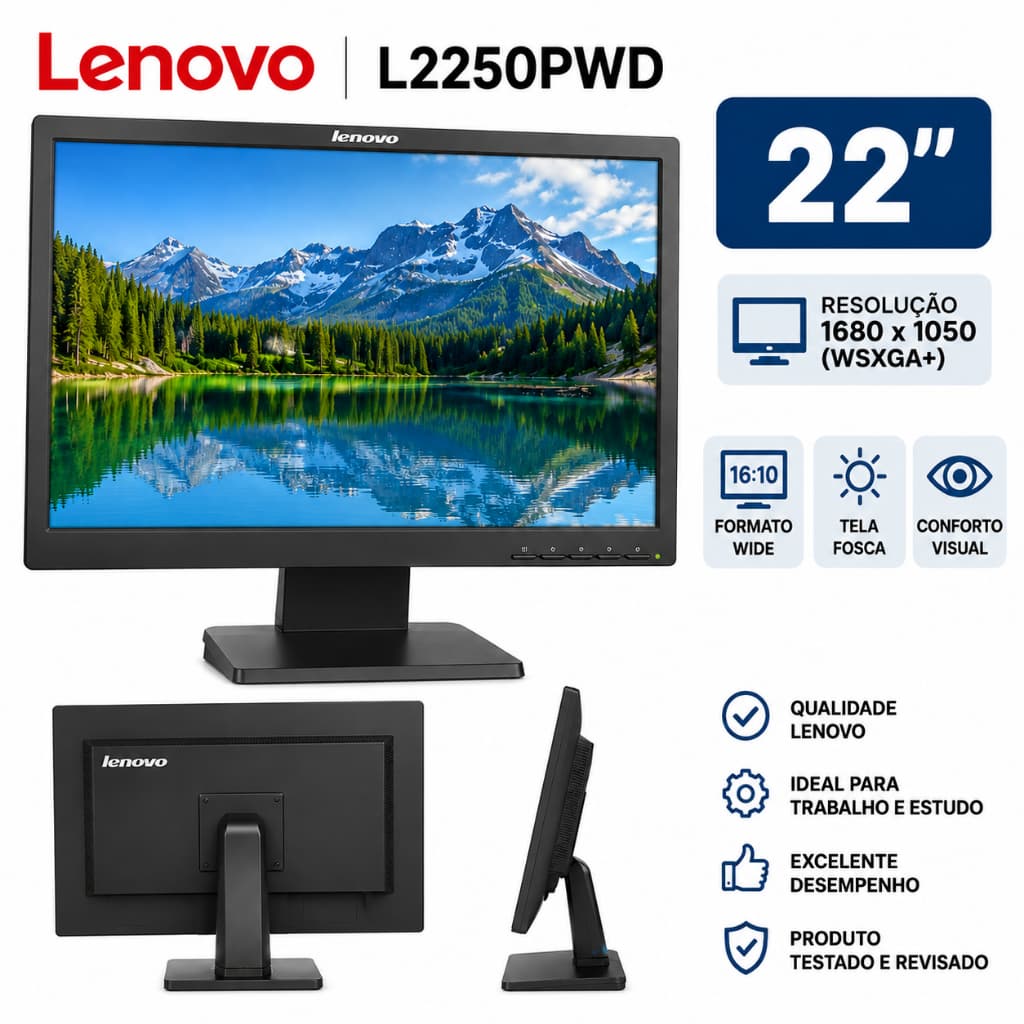 Tela Monitor de 22" Lenovo Entrada VGA e DVI Resolução 1680x1050 Alto Desempenho