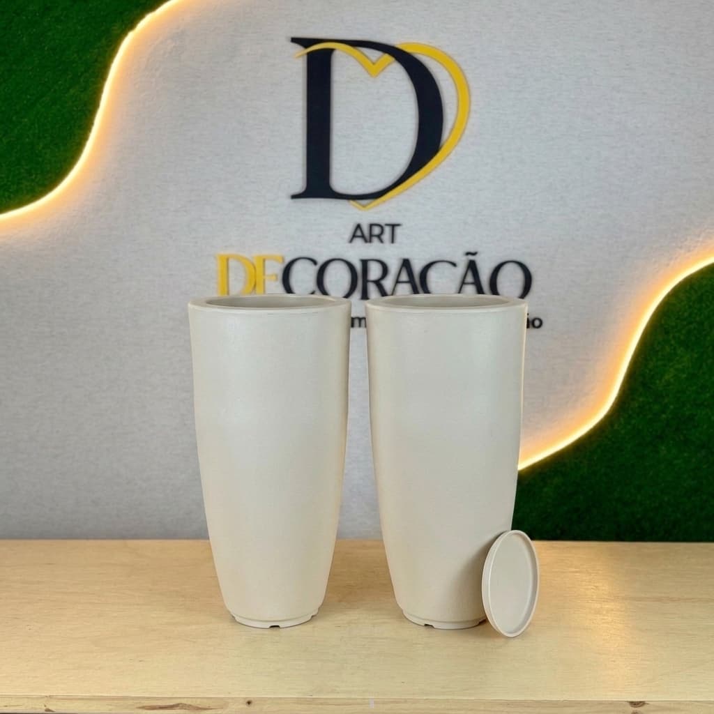 Kit 2 Vasos de Flor Decorativo Ibiza M 65cm com Prato Polietileno Premium Para Sala Jardim