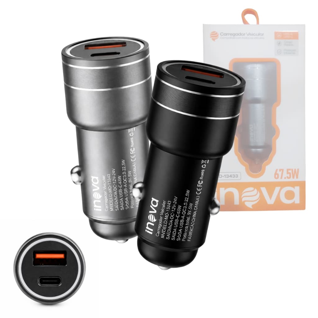 Carregador Automotivo Turbo para Celular 67,5W com saída USB + Tipo-C INOVA MD-13433