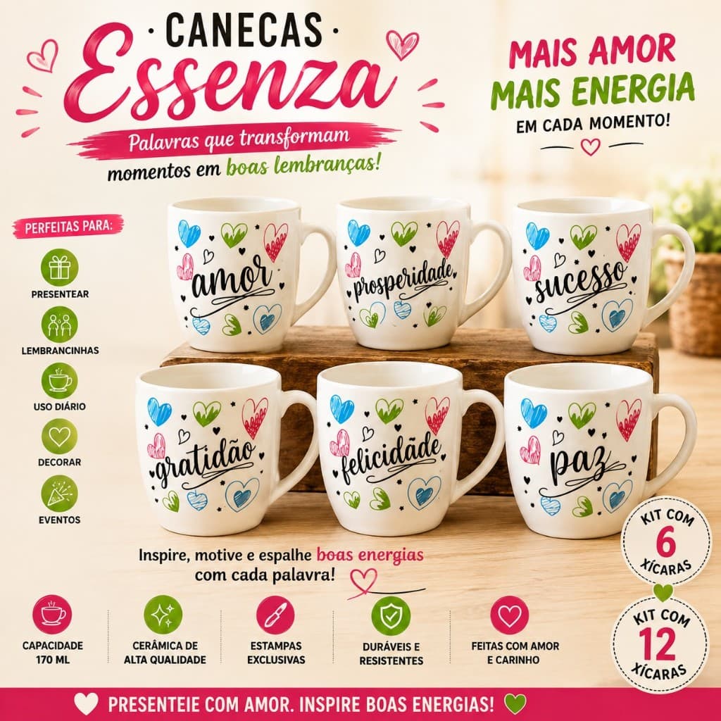 Xícara Caneca170ml Decorada Kit 6 ou 12 Unidades Amor Paz Gratidão Sucesso Lembrancinha Presente Criativo – Somente Can