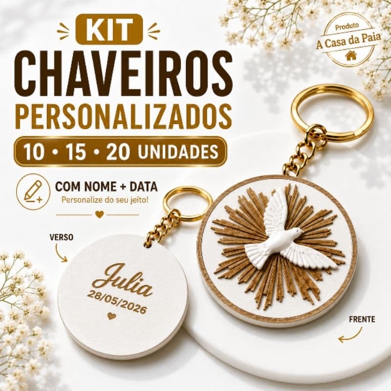 Kit chaveiro Divino Espírito Santo Lembrancinha personalizado | Nascimento Batizado Eucaristia Comunhão
