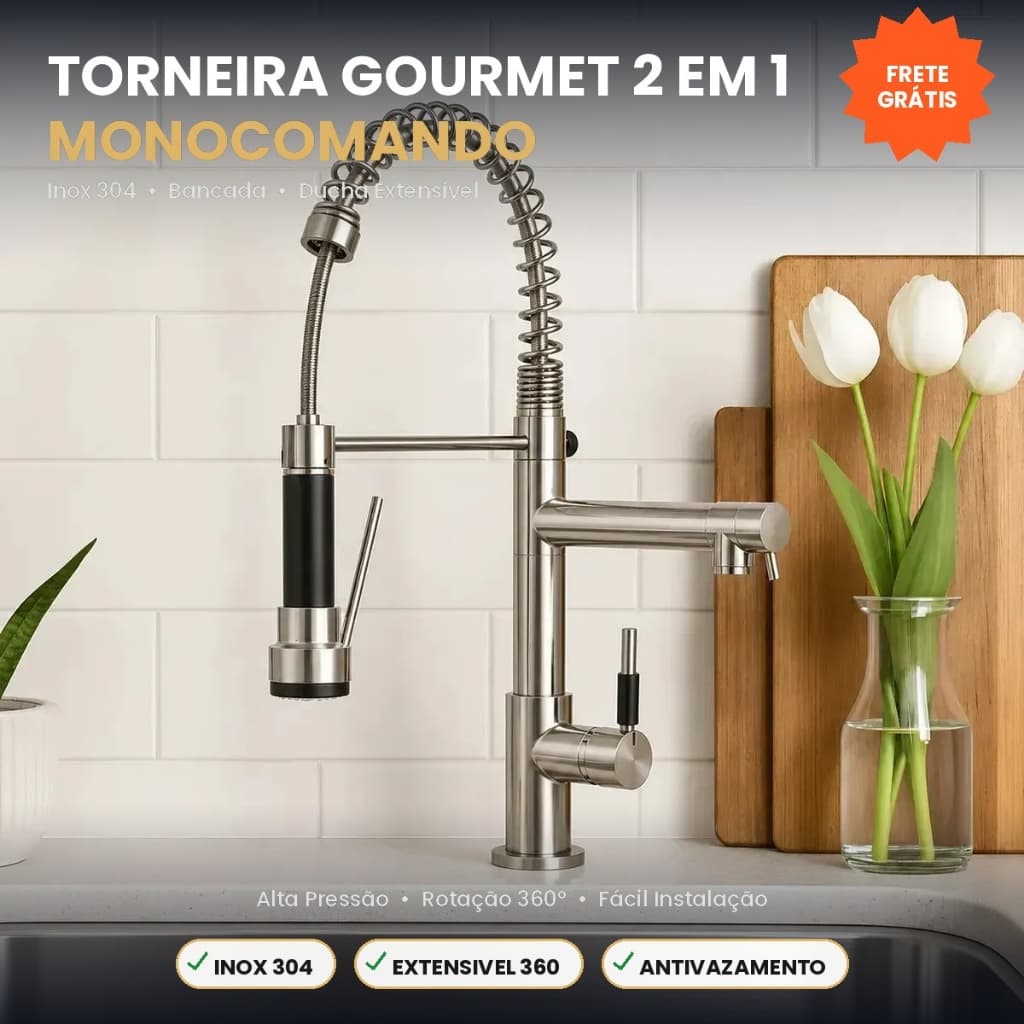 Torneira Gourmet Monocomando Cozinha Inox 304 2 Bicas Ducha Extensível Retrátil Bancada Pia Rotação 360° Alta Pressão