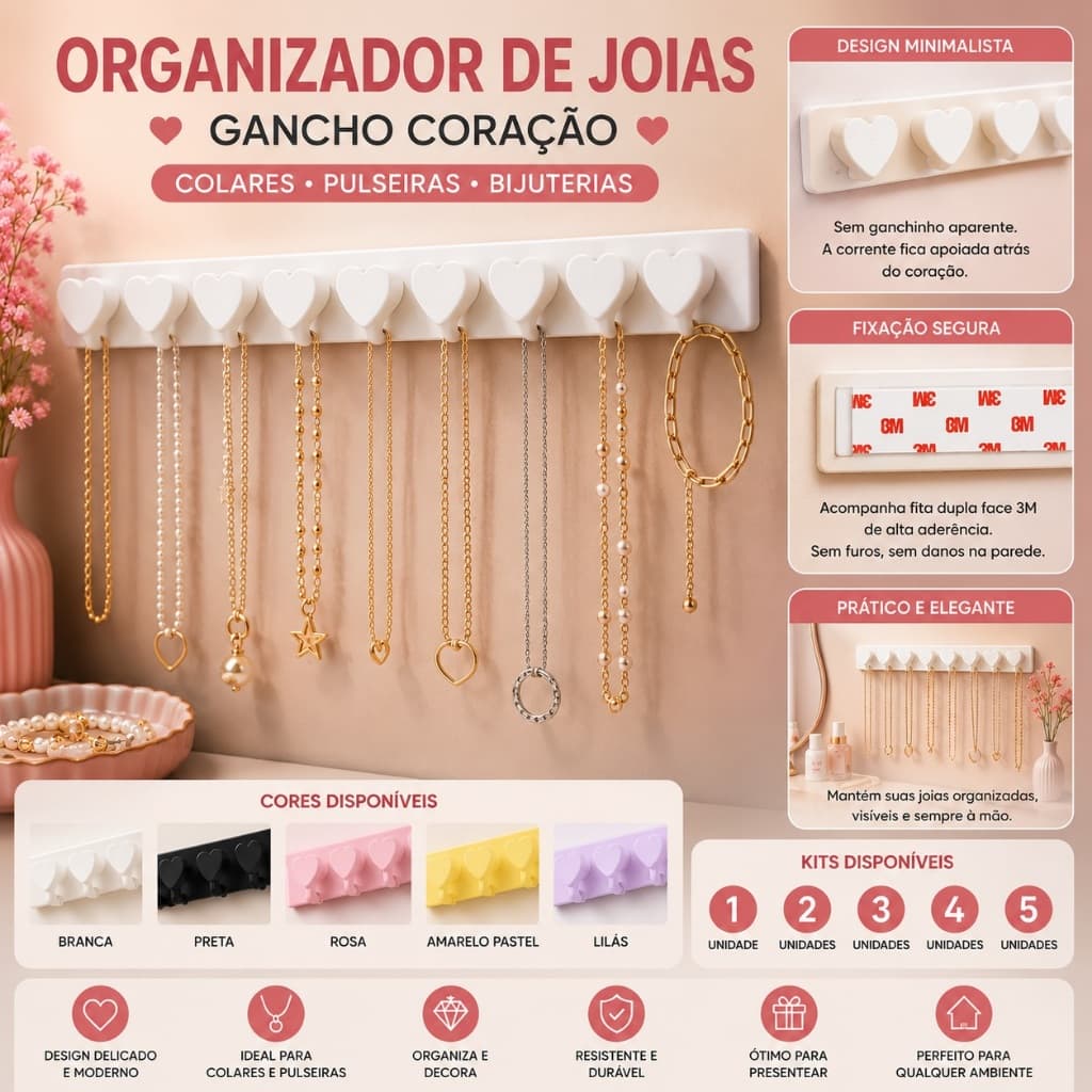 Organizador de Joias Gancho Coração Porta Bijuterias Colares e Pulseiras Aneis com Fita Dupla Face Original 3M Branco