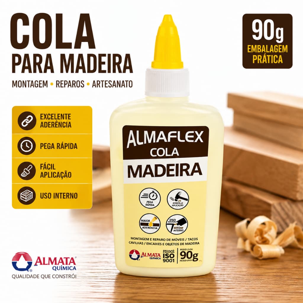 Cola para Madeira Almaflex 90g Adesivo PVA Branco Extra Forte para Móveis Reparos e Artesanato