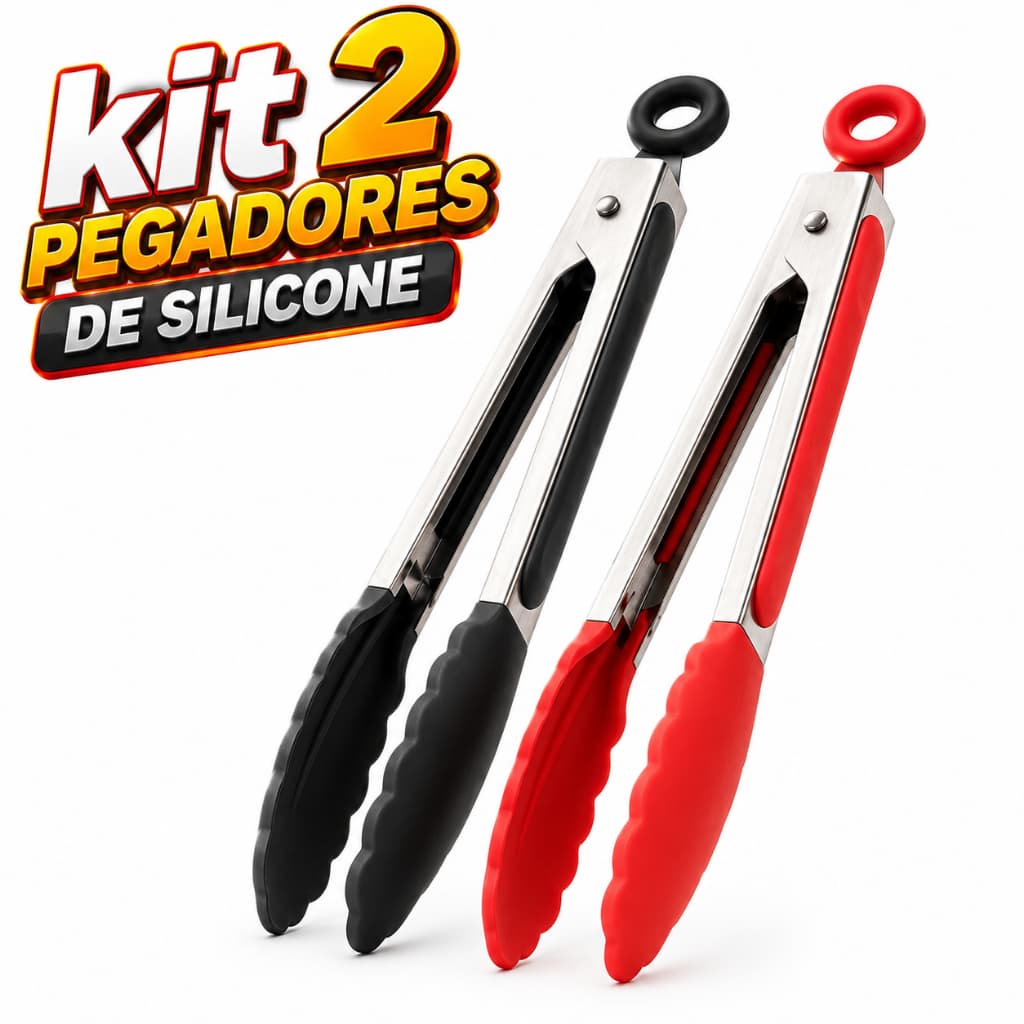 2 Peças Pegador de Silicone e Aço Inox Vermelho Preto 27cm - Resistente e Atóxico