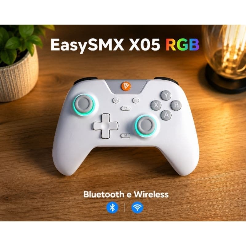 Controle EasySMX X05 branco, bluetooth e wireless, anti drift, bateria interna, receptor Wireless incluso.