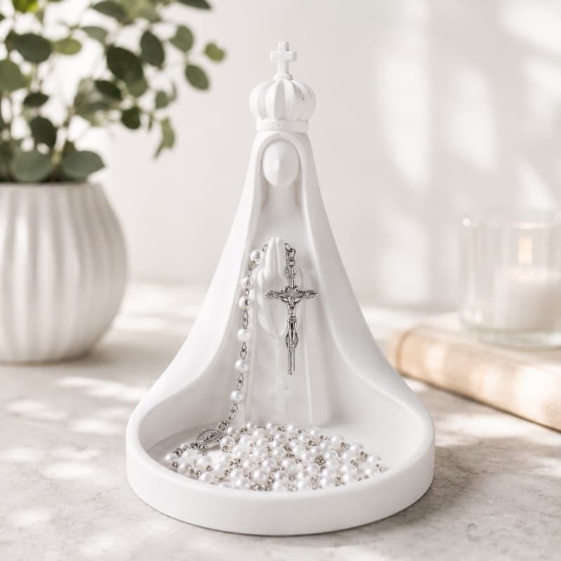 Estátua Nossa Senhora 13cm Porta-Terço | Suporte para Terço e Rosário | Decoração Religiosa