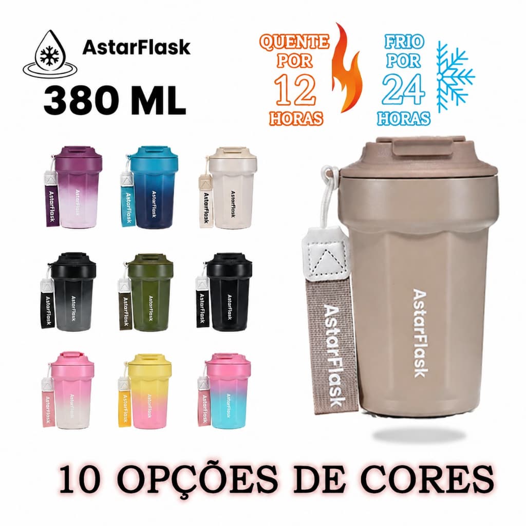 AstarFlask Garrafa De Agua Termica 380ml 316 inox Portátil  Interior Cerâmica Quente/Frio Antivazamento
