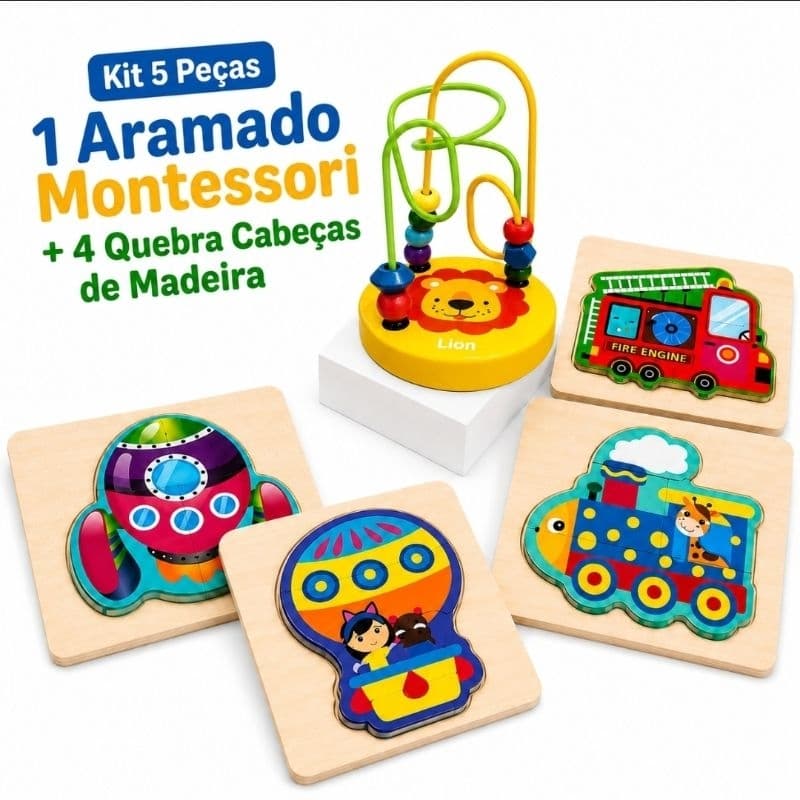 Kit 5 Peças Montessori + Quebra Cabeça de Madeira Sensorial Infantil Brinquedo Pedagógico Educativo para Crianças