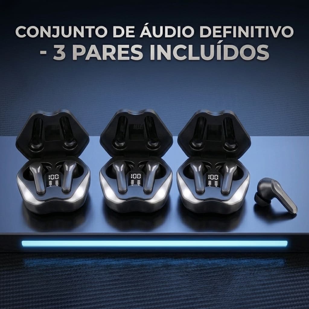 Kit 3 Pares de Fones De Ouvido Gamer Bluetooth 6.0 RGB Display IPX5 Microfone TWS Bateria Longa Triplo Para Jogos