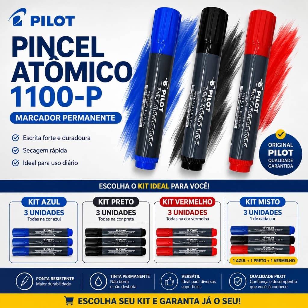 Pincel Atômico 1100-P Pilot Permanente Recarregável Ponta Chanfrada Kit 3 Unidades