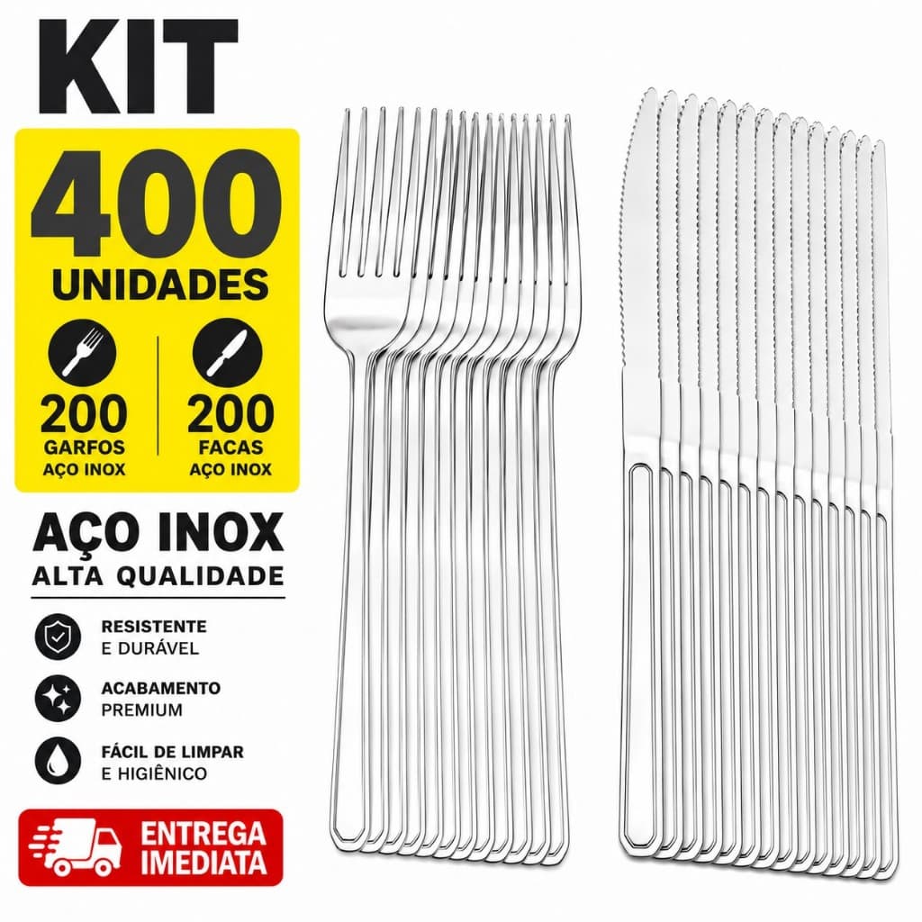 Conjunto de Talheres Inox 200 Garfos 200 Facas Resistente Casa Restaurante Buffet Hotel Faqueiro Prata