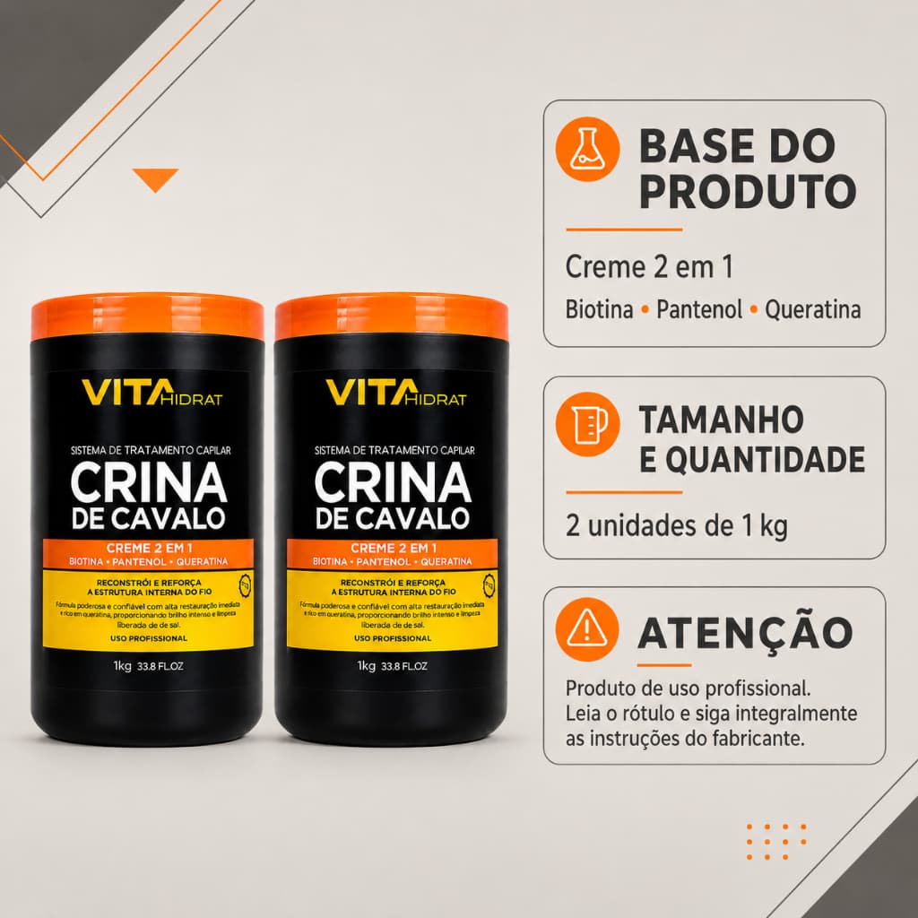 Kit 2 Cremes Capilares Crina de Cavalo 2 em 1 Reconstrução e Brilho 1kg Cada