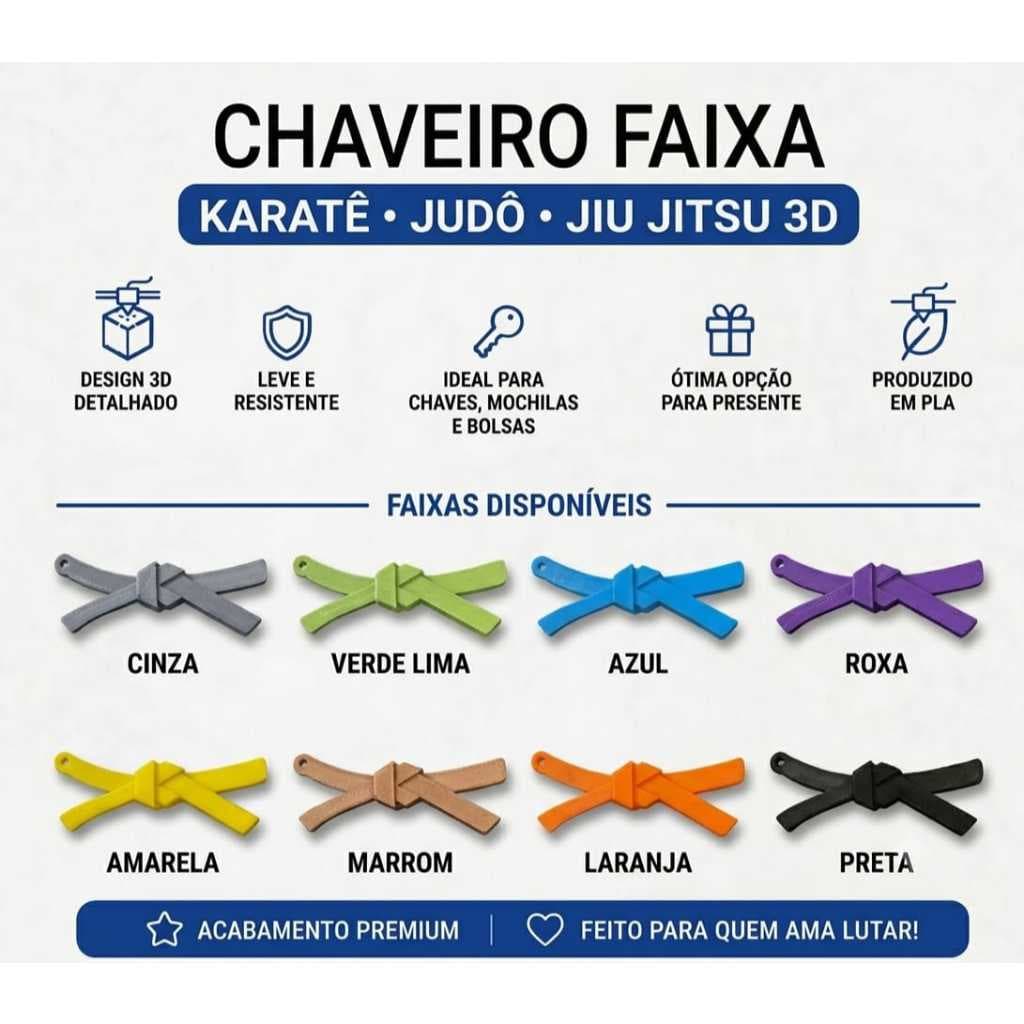 Chaveiros Faixa Jiu-Jitsu Personalizado 3D | BJJ | Judô | Karatê | Taekwondo