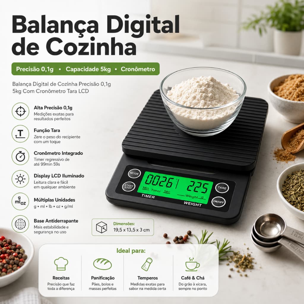 Balança Digital de Cozinha Precisão 0,1g 5kg Com Cronômetro Tara LCD