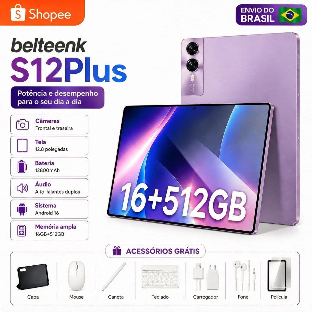belteenk Tab S12 Plus, 512GB, 16GB, 12.8" 90Hz Screen, 12800mAh Ideal for Studies and Games, Keyboard and Cover Included