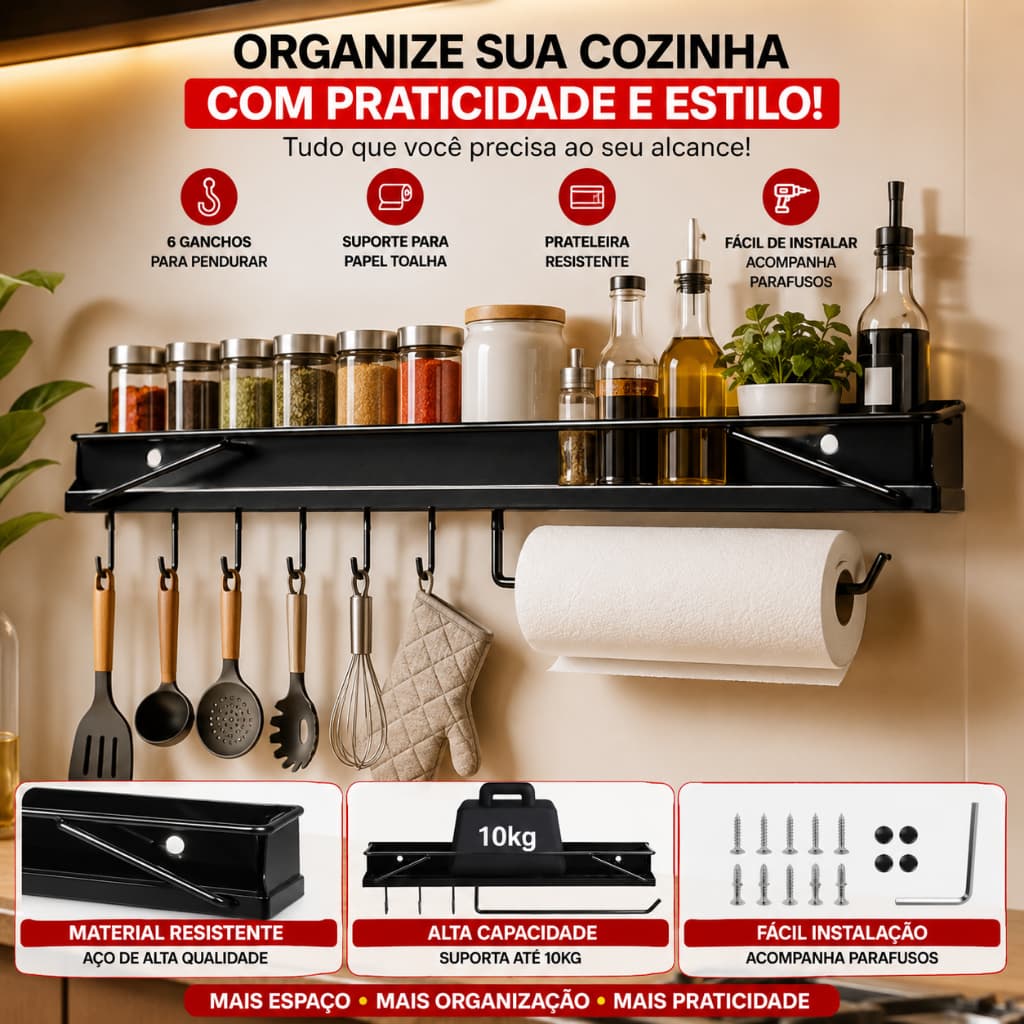 Suporte de Cozinha Porta Tempero de Condimento de Parede com Gancho Porta Talher e Papel em Aço Cor Preto Moderno.