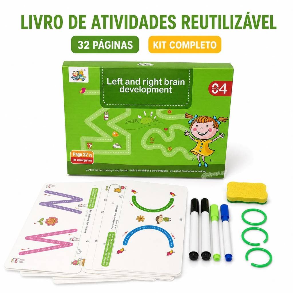 Livro Infantil de Atividades Reutilizável 32 Páginas Com Canetas e Apagador Coordenação Motora