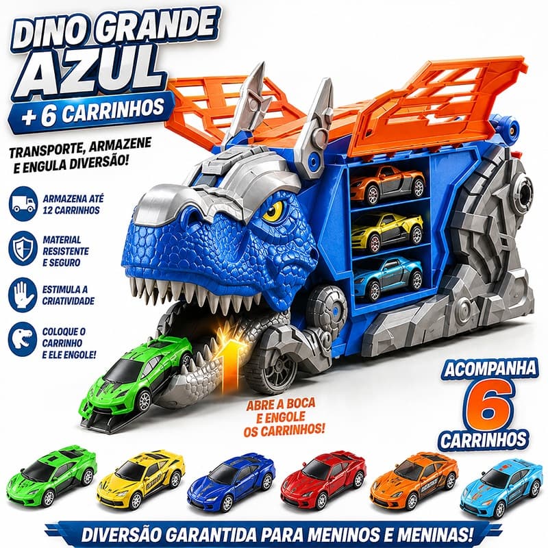 2026 Caminhão Dinossauro engolidor e Porta-carrinhos com 4 Carrinhos de Fricção