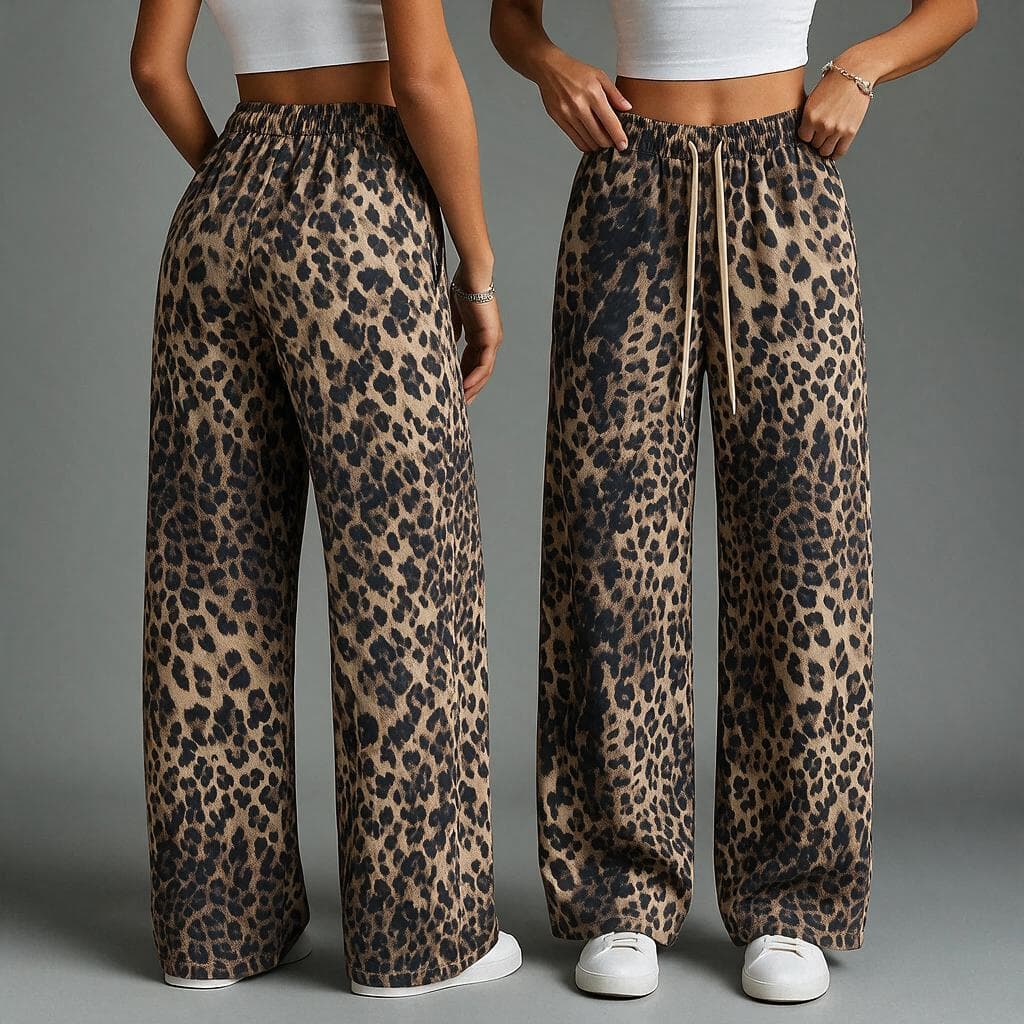 Calça Pantalona Feminina Animal Print Onça Wide Leg Cintura Alta com Elástico Moda Casual Estilosa