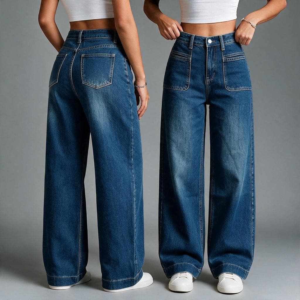 Calça Jeans Feminina Wide Leg Cintura Alta Pantalona Perna Larga Jeans Escuro com Bolsos