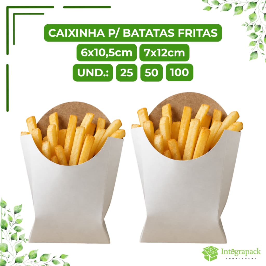 Caixa de Fritas Branca Lisa Embalagem Descartável Porções Lanchonete Hamburgueria Delivery Fast Food