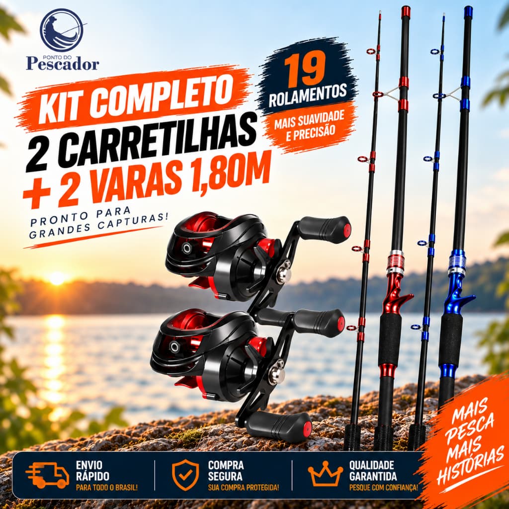 2 Kits Pesca 2 Carretilhas 19 Rols com 2 Varas 1,80m Fibra de Carbono