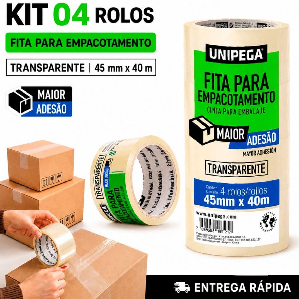 Fita Adesiva Transparente p/ Embalagem com 04 Unidades 45mm x 40m  Fechamento de Caixas e Pacotes