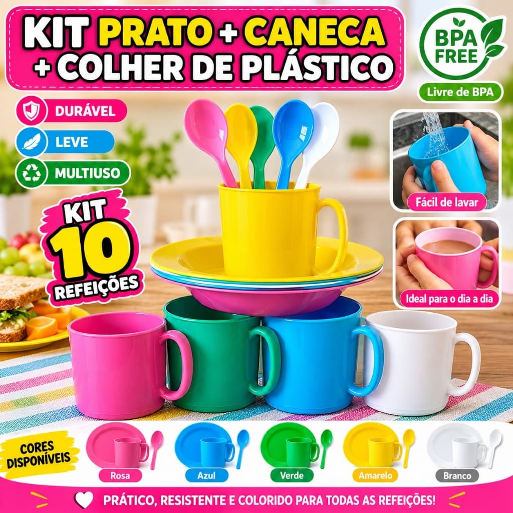 10 kit merenda refeição escolar caneca prato colher colorido infantil de plástico resistente BPA FREE escola creche