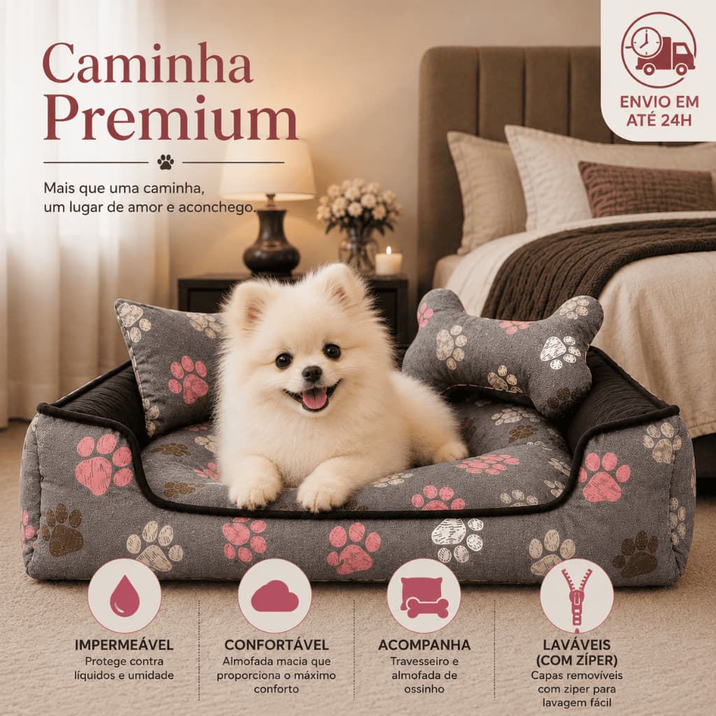 Cama Pet Premium Cachorro e Gato Fundo Impermeável Lavável com Zíper Almofada e Ossinho P M G XG Gigante