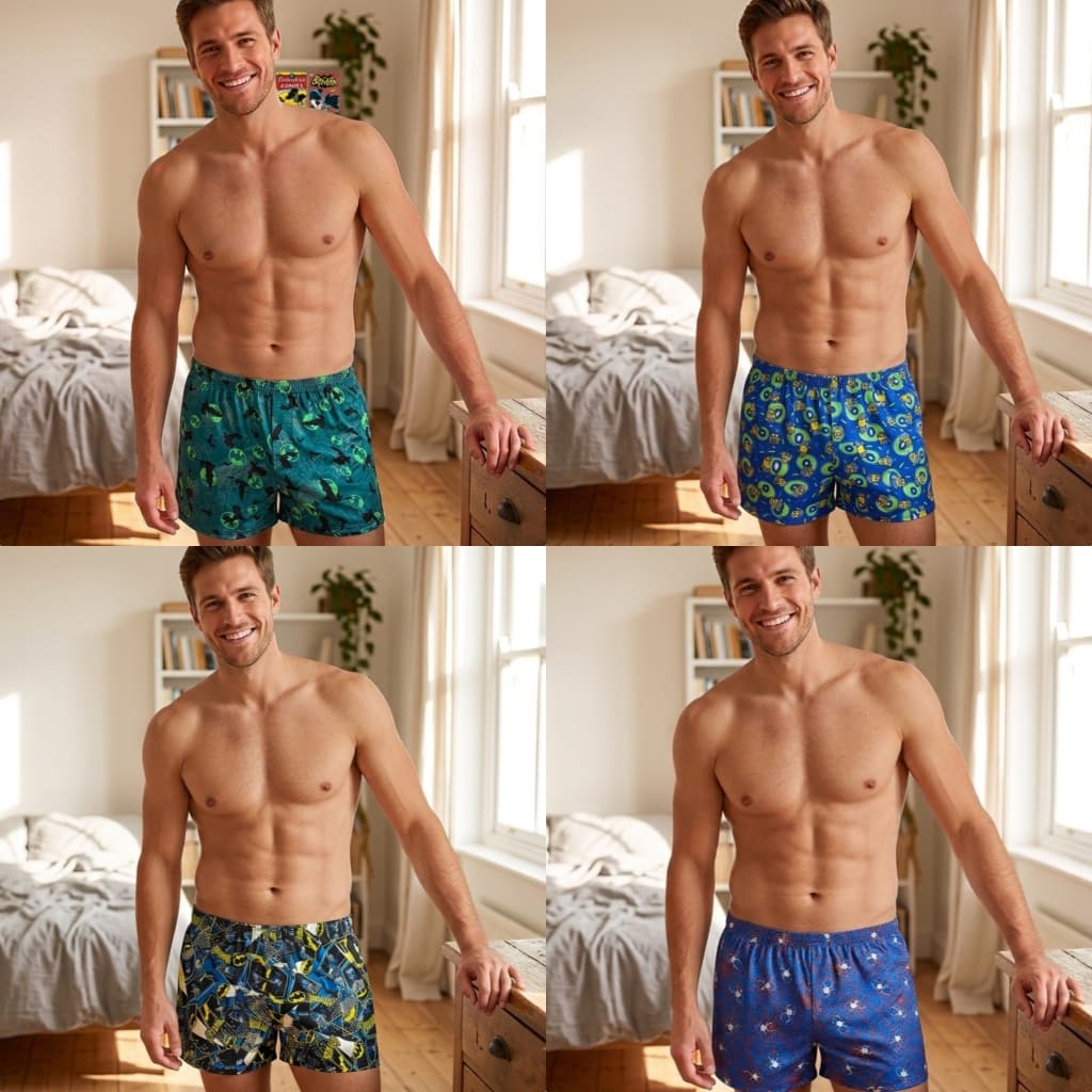 Kit Com 4 Samba Canção Masculino Temático Personagem Cueca Roupa Dormir Personalizado Super Herois