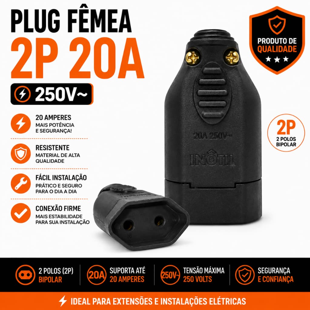 Plug Fêmea 2P 20A 250V Tomada Fêmea Bipolar 2 Pinos Conector Elétrico Reforçado