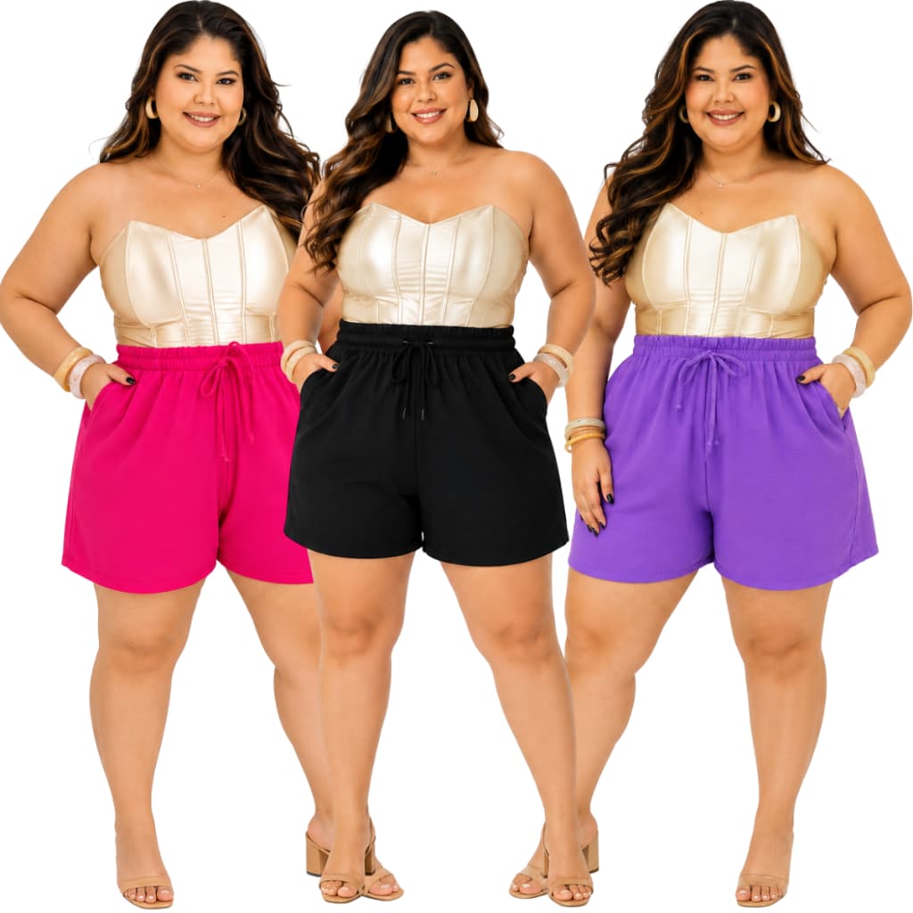 Short Duna Feminino Plus Size Cintura Alta com Elástico e  Bolsos Confortável G1 G2 G3