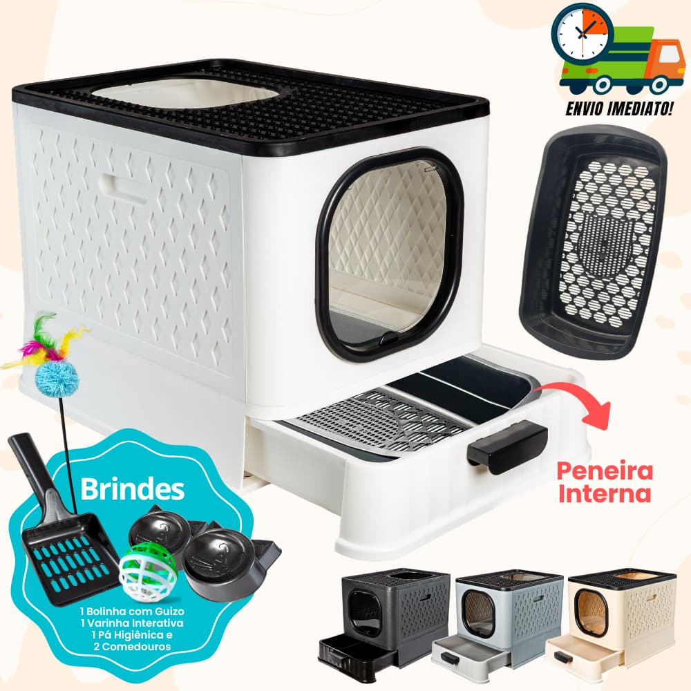 Caixa de Areia Fechada Para Gatos Banheiro Higiênico Luxo Porta Transparente + Pá + 02 Comedouros
