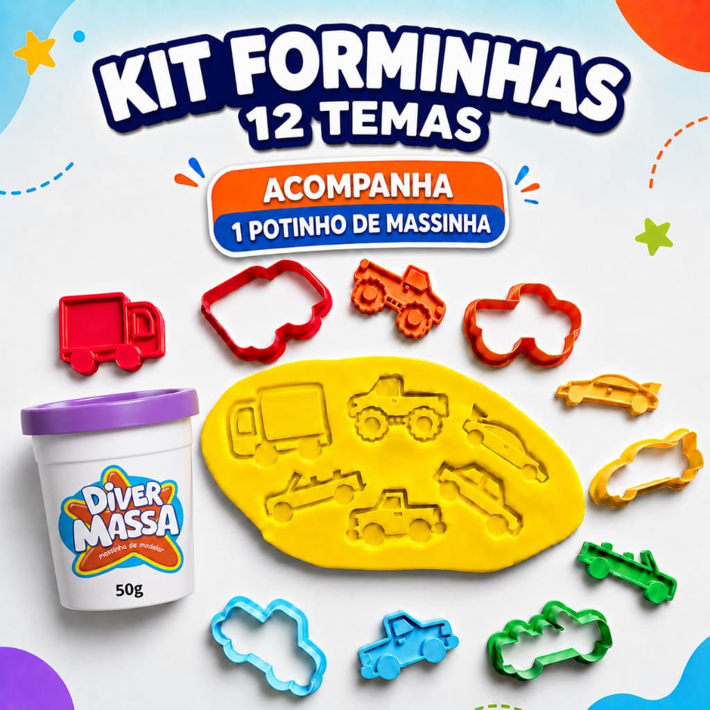 Kit Forminhas para Massinha Infantil 3D + 1 Pote de Massinha – 12 Temas para Escolher