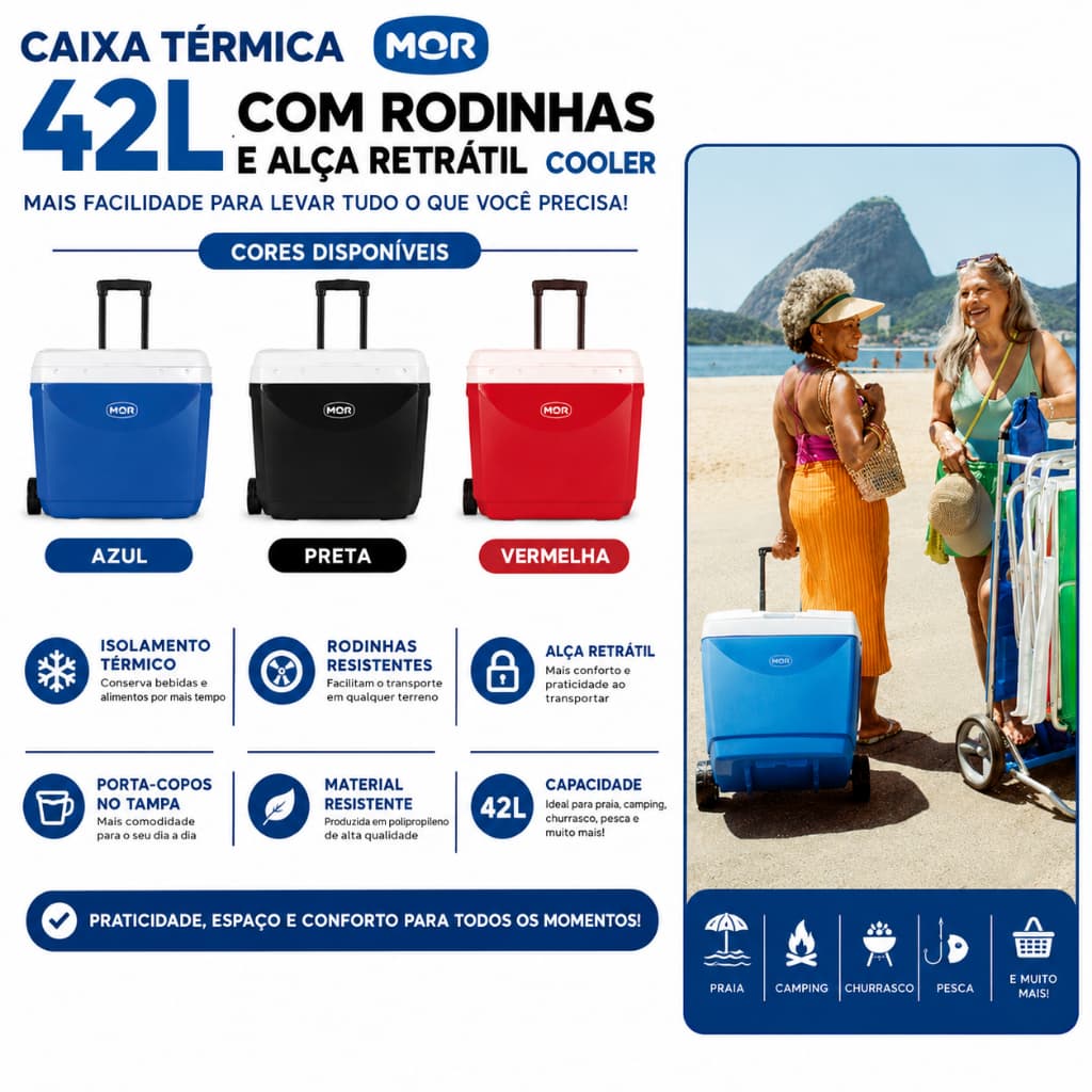 Caixa Térmica Mor 42L com Rodinhas e Alça Retrátil Cooler Grande para Praia Camping Churrasco Original