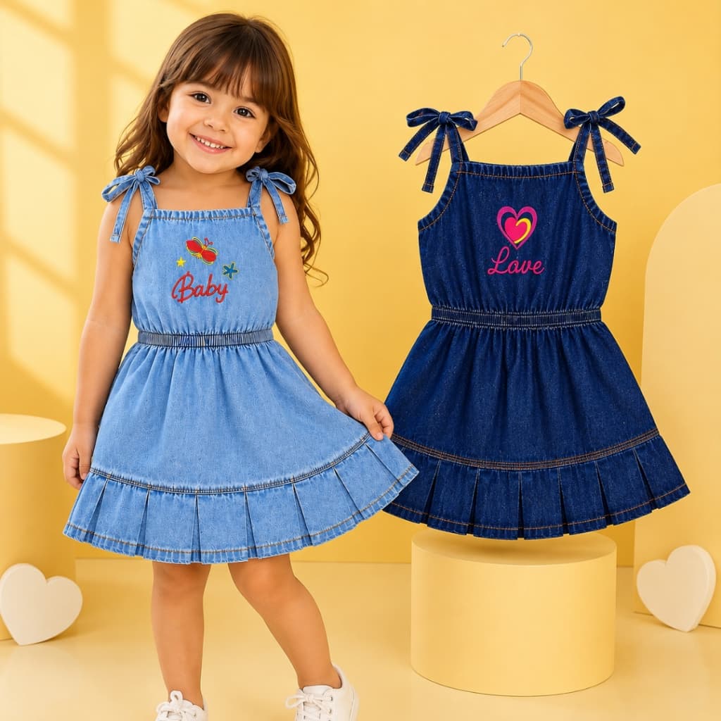 Vestido Jeans Infantil com Bordado Azul Para Meninas Verão Com Babado