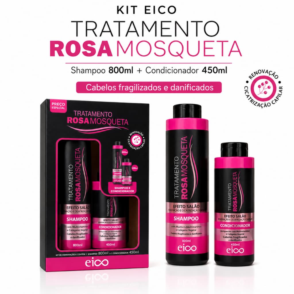 Kit Eico Rosa Mosqueta Shampoo 800ml + Condicionador 450ml Renovação e Cicatrização Capilar