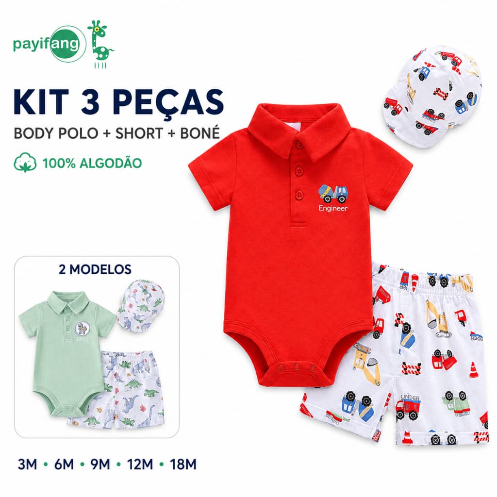 Payifang Conjunto Bebê Menino 3 Peças Body Polo Bebe Menino Short e Boné Roupa de Bebê Menino Verão 100% Algodão