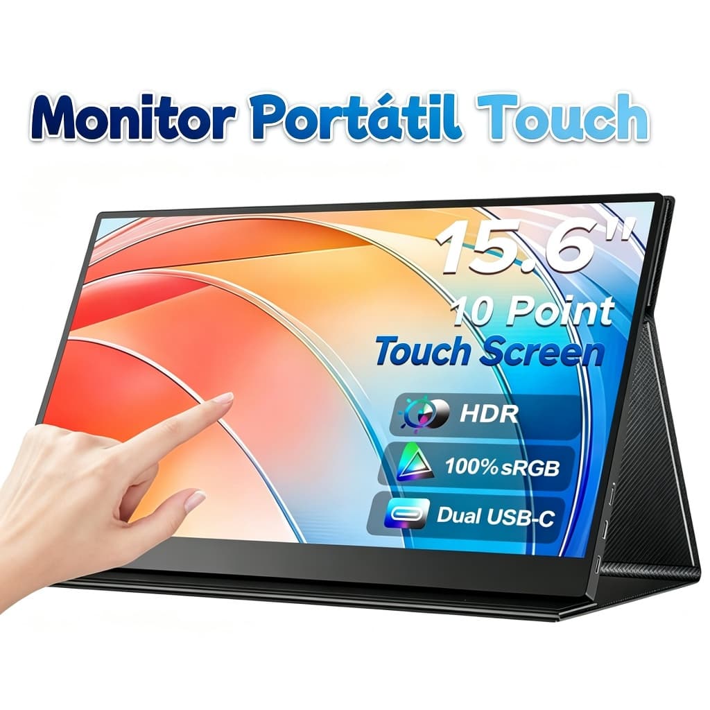 Monitor Portátil Touch 15,6 Polegadas IPS Full HD 60Hz com Capa Protetora, Montagem VESA, 2 Alto‑falantes Integrados