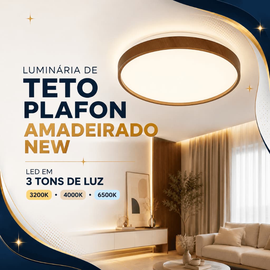 Plafon New Space Meio Madeira Com Metal 3 Cores Em 1 Luminária De Teto Redondo Natural Wood Amadeirado LED Bivolt