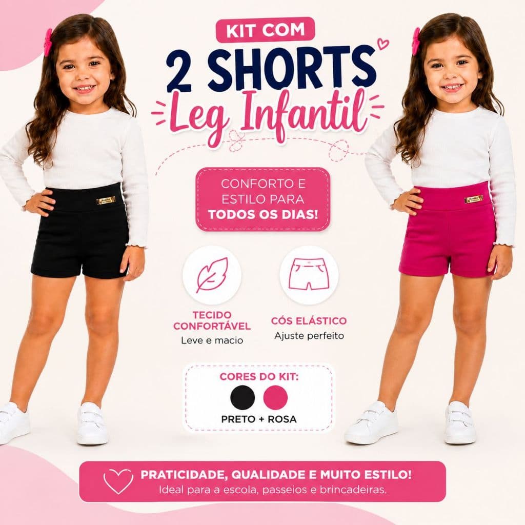 Kit 2 Short Legging Infantil Bermuda Basica Lisa Escolar